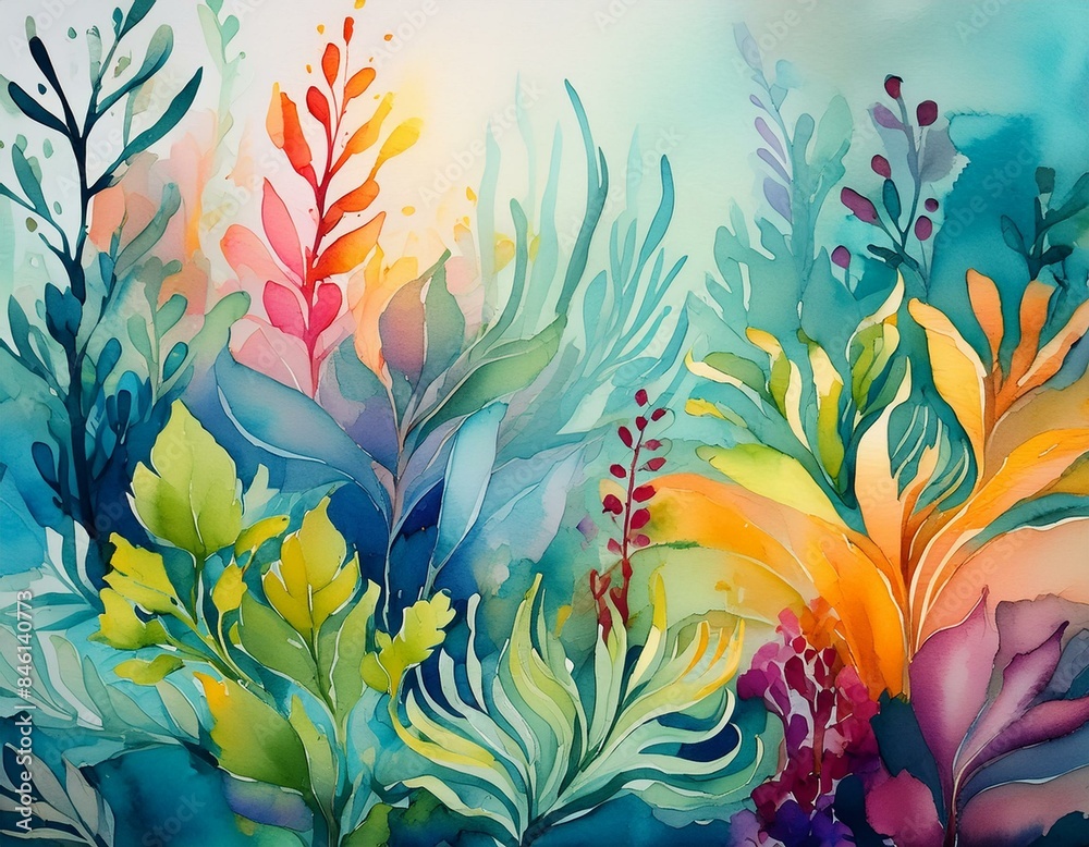 Abstract watercolor painting of vibrant underwater plants, seaweeds, and coral reefs, showcasing marine floral elements with fluid brushstrokes and blending colors