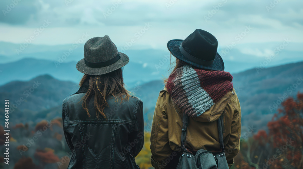 A Serene Moment for Two Friends Viewing the Majestic Mountains in Autumn with Hats and Cozy Attire, Capturing Nature's Beauty in a Tranquil