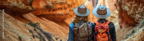 Adventurous Expedition Two Enthusiastic Travelers in Hats Explore Majestic Canyon Landscape with Vibrant Rock Formations and Rugged Natural Beauty Captured in Stunning Detail photo