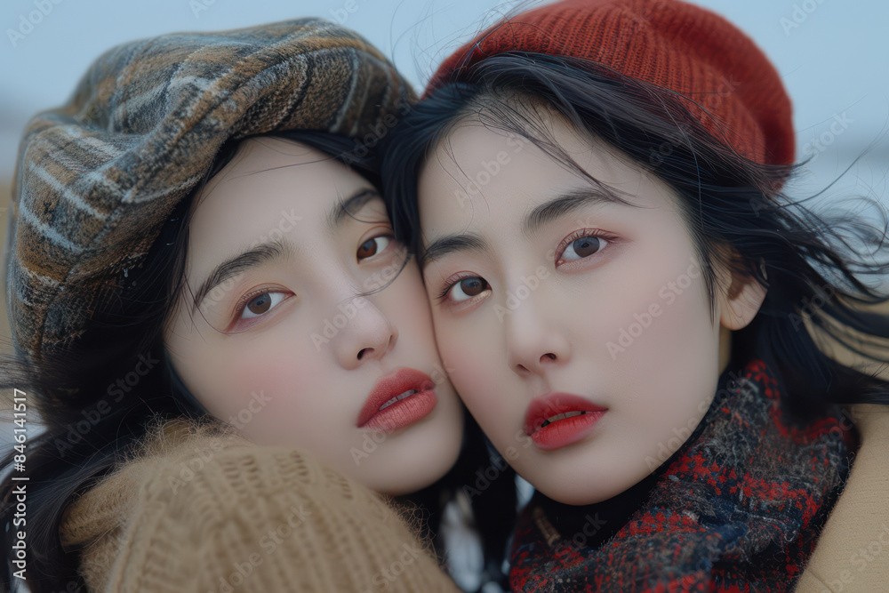 Captivating Portrait of Two Women in Cozy Winter Attire with Soft Lighting and Warm Expressions Emphasizing Intimacy and Affectionate Bond During Cold Season Outdoor Photo Session by the Sea