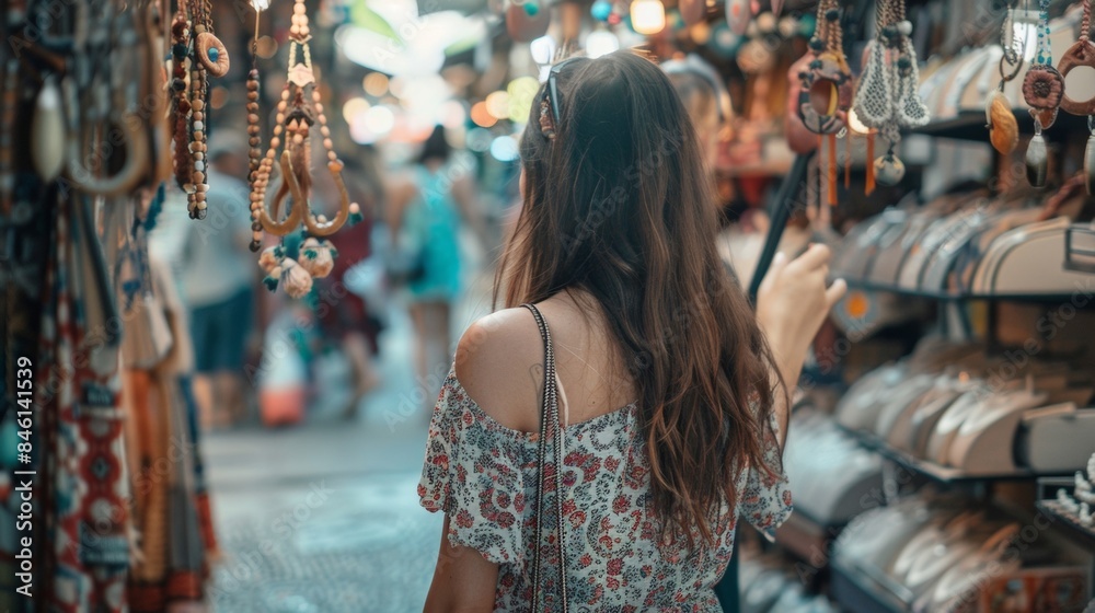A woman in a flowy dress stands with back to the camera gazing at a display of delicate handmade jewelry hand reaching out . . A woman in a flowy dress stands with back to the camera gazing at a display of delicate handmade jewelry hand reaching out . .