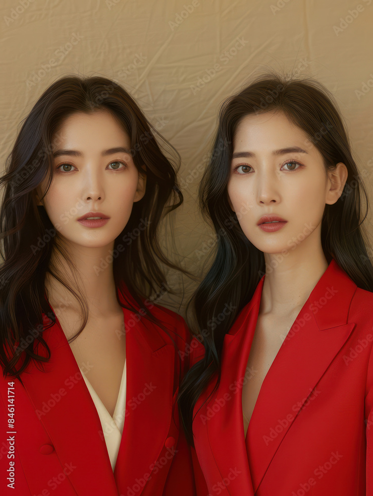 Elegant Twin Sisters in Red Blazers Fashionable Representation of Beauty, Sophistication, and Style in Minimalist Setting Elegant Twin Sisters in Red Blazers Fashionable Representation of Beauty, Sophistication, and Style in Minimalist Setting