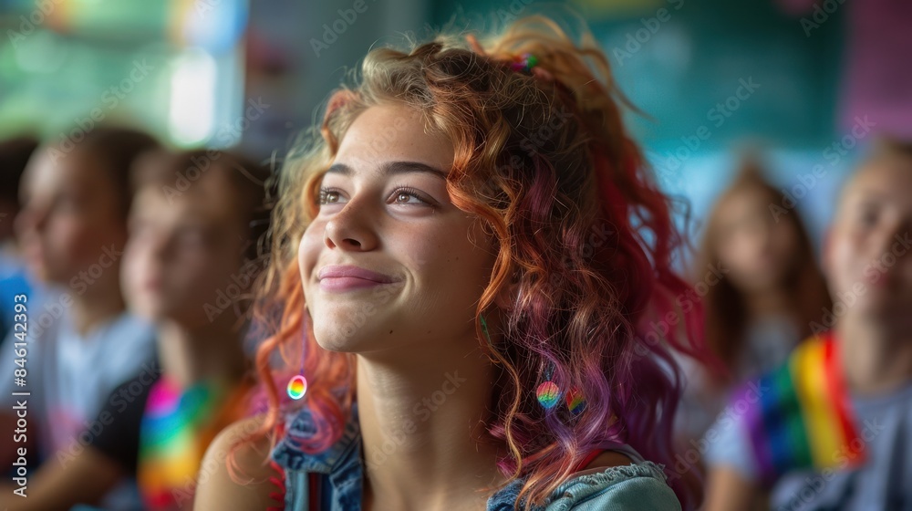 Diverse classroom with rainbow pins, engaged in LGBT history and Pride Month discussion, fostering awareness and education. Diverse classroom with rainbow pins, engaged in LGBT history and Pride Month discussion, fostering awareness and education.