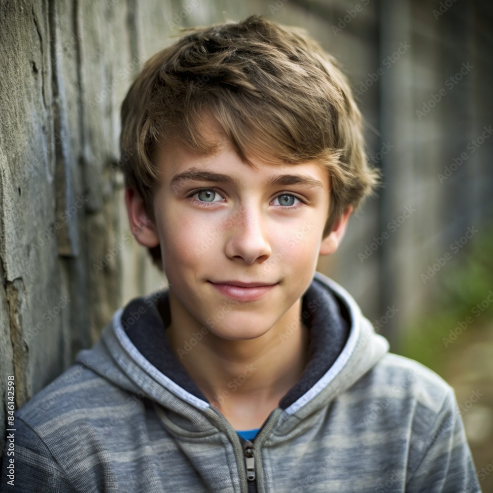 Confident Teenage Boy in Casual Attire Standing Outdoors Smiling Confident Teenage Boy in Casual Attire Standing Outdoors Smiling