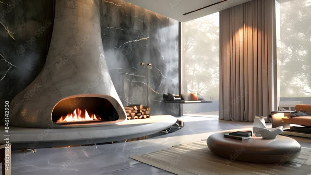 This image shows a modern living room with a large, unique fireplace ...