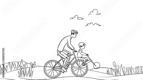 Wallpaper Mural One continuous line drawing of young father help his son learning to ride a bicycle at countryside together. Parenthood lesson concept. Torontodigital.ca