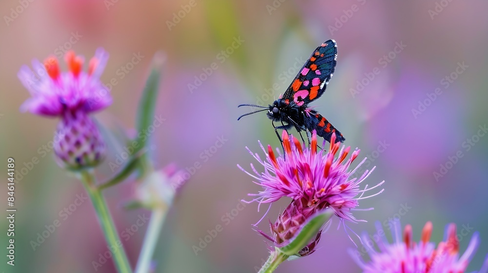 Six spot Burnet moth Jersey UK Macro image of an insect on a Common Knapweed wildflower : Generative AI Six spot Burnet moth Jersey UK Macro image of an insect on a Common Knapweed wildflower : Generative AI
