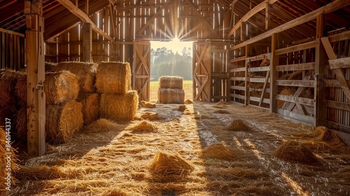 Barn Interior Wooden Light Beams Hay Bales Rustic, stacked straw inside in sunlight beam, concept to rural lifestyle.