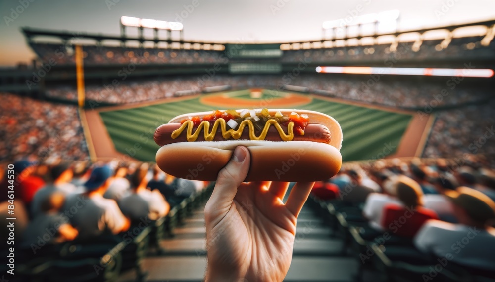 Fototapeta premium Hotdog with toppings in hand, background of baseball stadium lights. Tasty hotdog with mustard, relish, and onions at a baseball stadium.