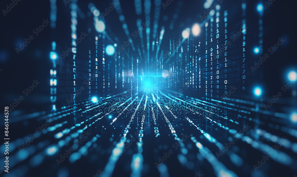 A dark blue background with glowing data and code, cyberpunk style, data visualization in the center of an abstract space, dark atmosphere, light effects, high resolution A dark blue background with glowing data and code, cyberpunk style, data visualization in the center of an abstract space, dark atmosphere, light effects, high resolution