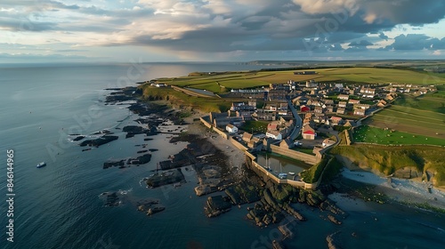 Aerial landscape panorama directly above the Northumberland fishing village of Craster which is famous for its smoked kippers : Generative AI photo