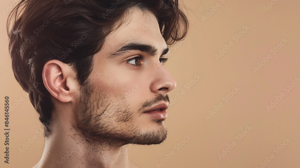 Fototapeta premium Headshot Close up portrait of young wellgroomed man looking away against beige studio background Mens personal care and beauty treatment Concept of youth spa procedures selfcare cosmet : Generative AI