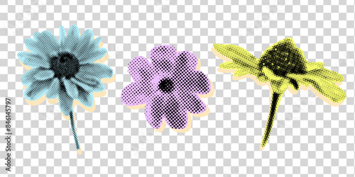 Collage Halftone Daisy Flowers Design Elements illustration. Half tone Contemporary vector poster. Modern y2k aesthethic Banner.