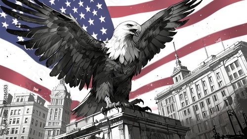 American Independence Day flag patriotic background with eagle in monochrome