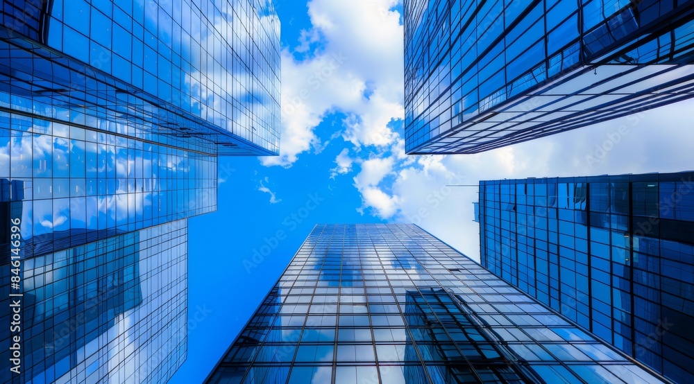 Upward view of glass skyscrapers against blue sky Upward view of glass skyscrapers against blue sky