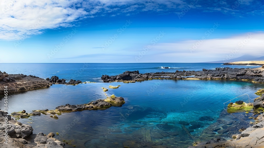 Fototapeta premium Discover the natural pools at Caleta de Fuste Fuerteventura an oasis of calm with crystalclear waters framed by volcanic cliffs and idyllic landscapes : Generative AI