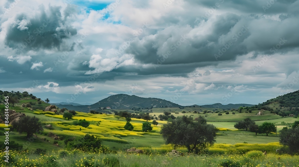 Obraz premium Lush landscape of green rolling hills with a patch of bright yellow colza blossoms under a cloudy sky in guadalajara spain : Generative AI