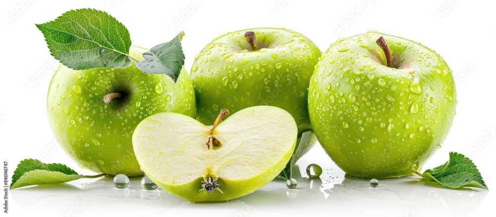 Green apple ripe with leaf and slice isolated on white background with clipping path Green apple ripe with leaf and slice isolated on white background with clipping path
