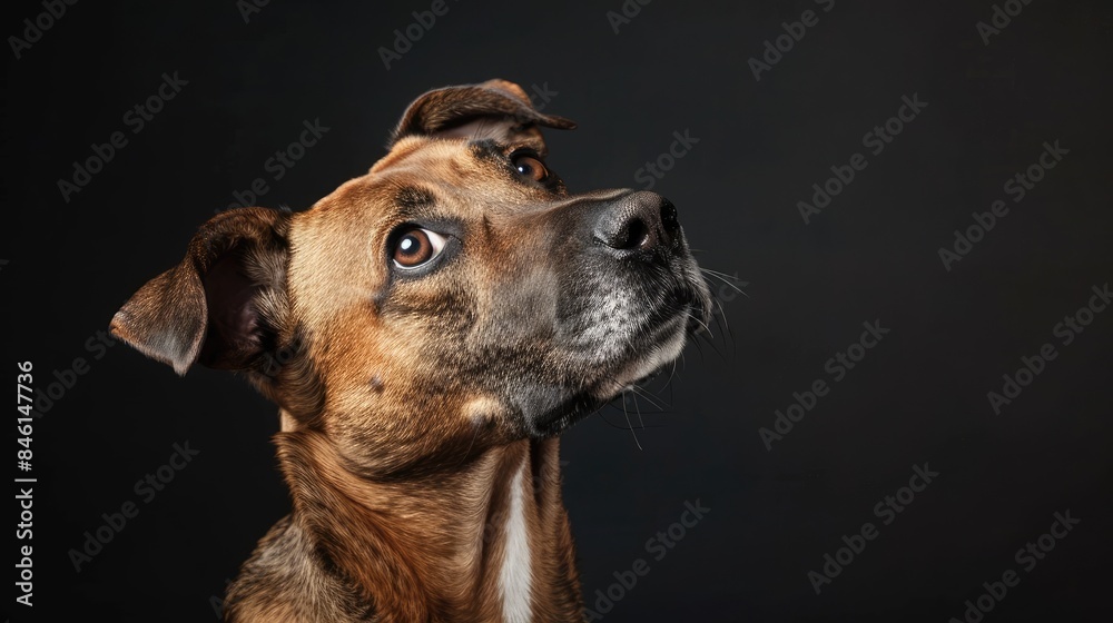 Studio portrait of a comical mixed breed dog on a black backdrop Studio portrait of a comical mixed breed dog on a black backdrop
