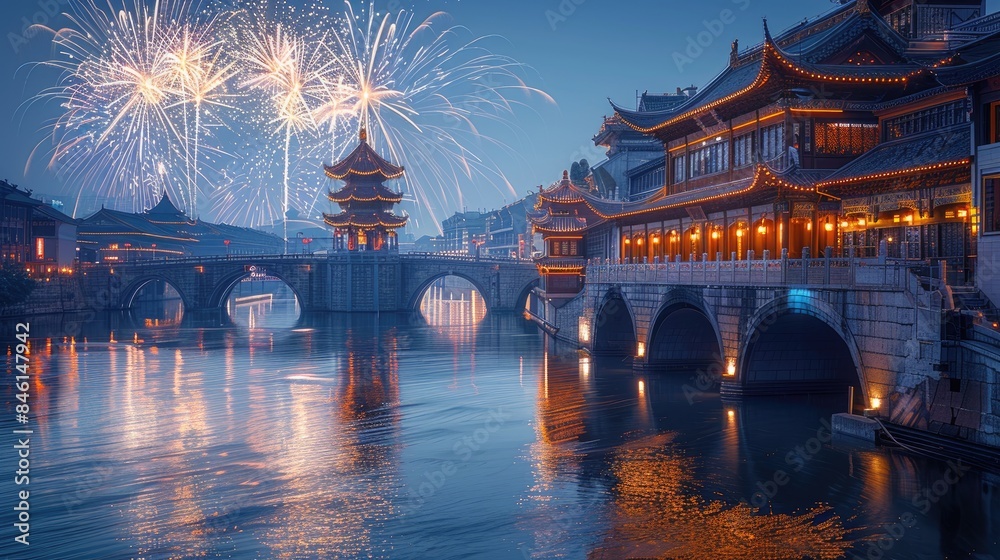 Fototapeta premium temples, bridges and typical chinese architecture with fireworks in the sky on new year's eve 