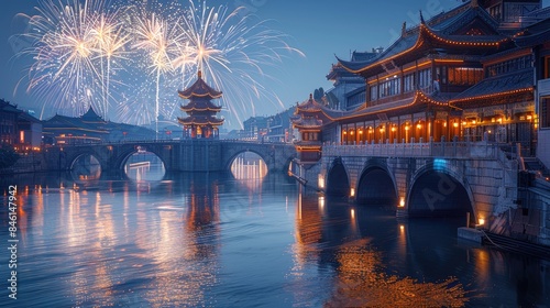 temples, bridges and typical chinese architecture with fireworks in the sky on new year's eve 