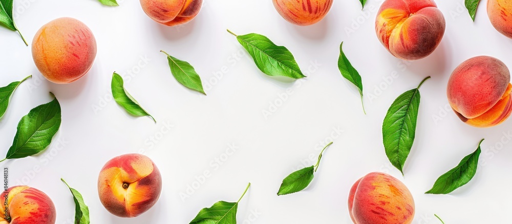 Juicy peaches with green leaves on a clean white backdrop Juicy peaches with green leaves on a clean white backdrop