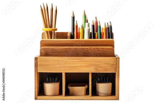 Wooden Pencil Holder with Colored Pencils and Pen photo