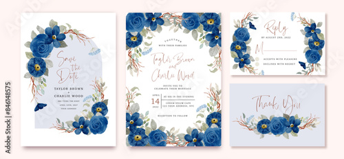wedding invitation set with navy blue floral watercolor frame