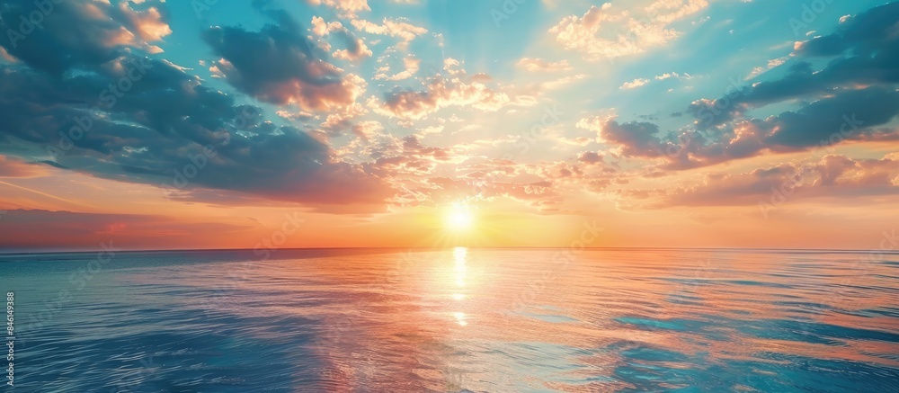 Fototapeta premium Nature background featuring a sunset, blue sea, and cloudy blue sky