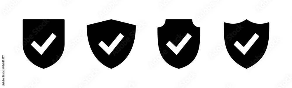Shield check mark icon set. Protection approve sign. Safe icon vector Shield check mark icon set. Protection approve sign. Safe icon vector