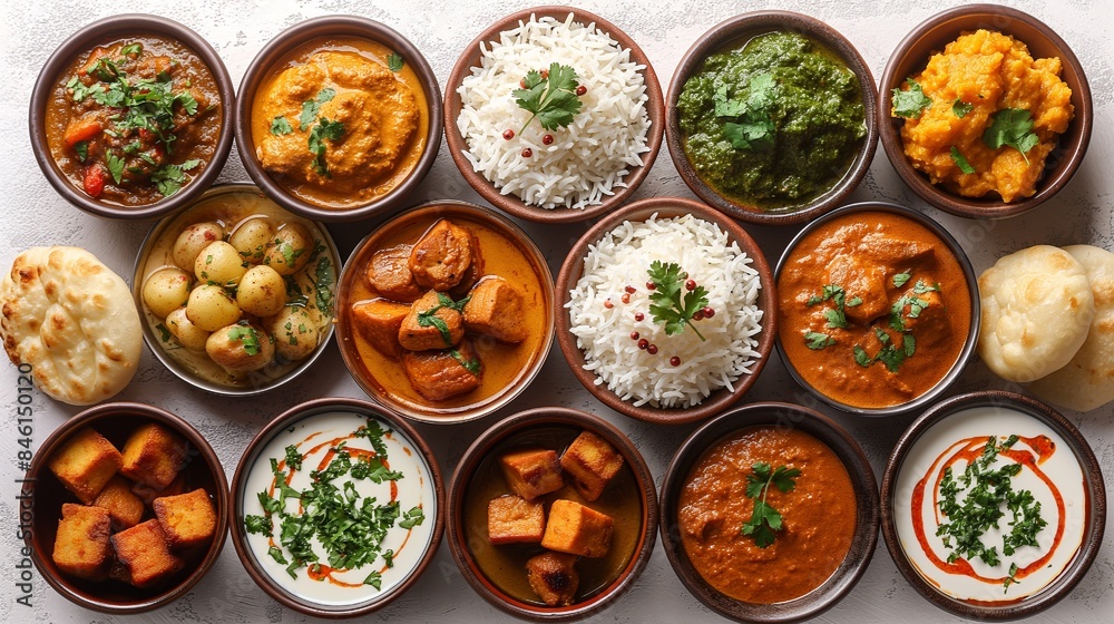 Top view assortment of Indian dishes, such as momos and butter chicken curry, isolated on a white background Top view assortment of Indian dishes, such as momos and butter chicken curry, isolated on a white background