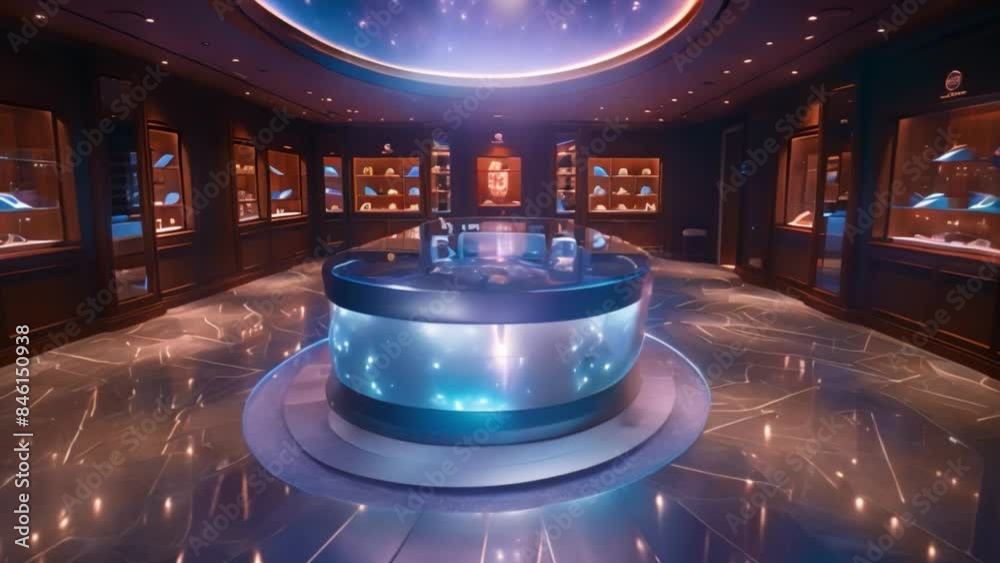 A modern retail store with a holographic display for customers to try on jewelry. The display features a circular platform with a clear glass surface and holographic projections.