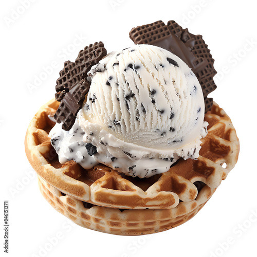 Delicious cookies and cream ice cream on a fresh waffle topped with chocolate wafers. Perfect for dessert lovers.