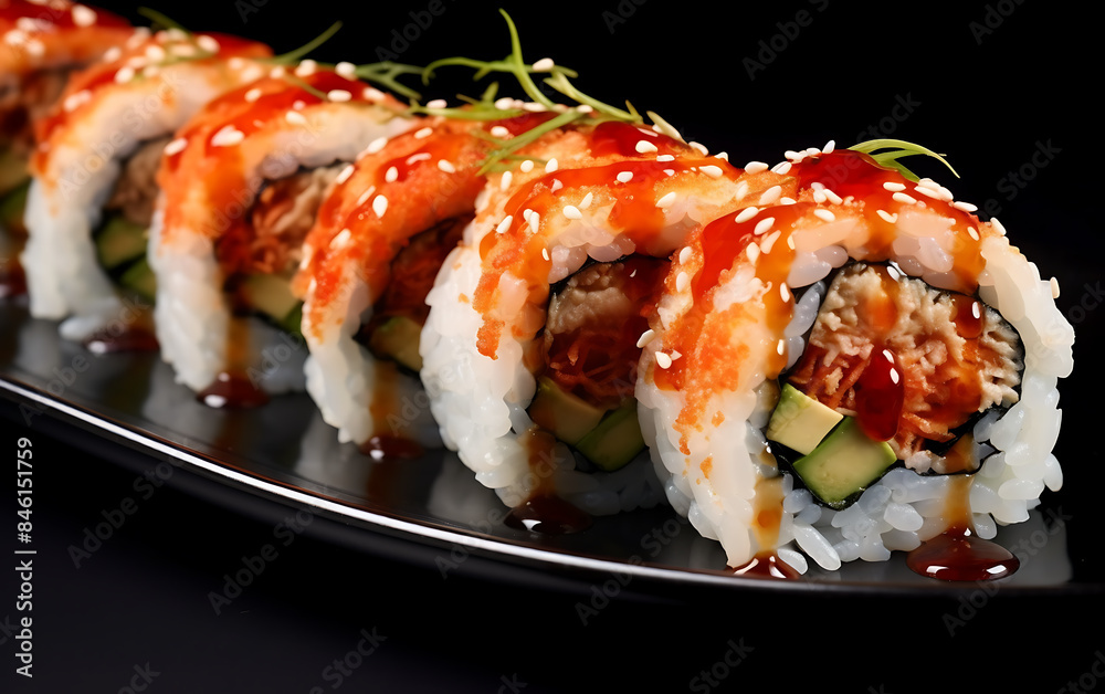 Sushi roll with salmon, avocado, cucumber, cream cheese and sesame seeds Sushi roll with salmon, avocado, cucumber, cream cheese and sesame seeds