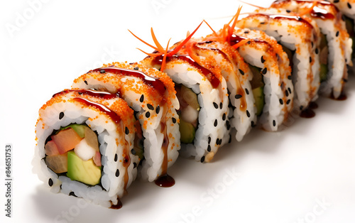 Sushi roll with salmon, avocado, cucumber, cream cheese and sesame seeds