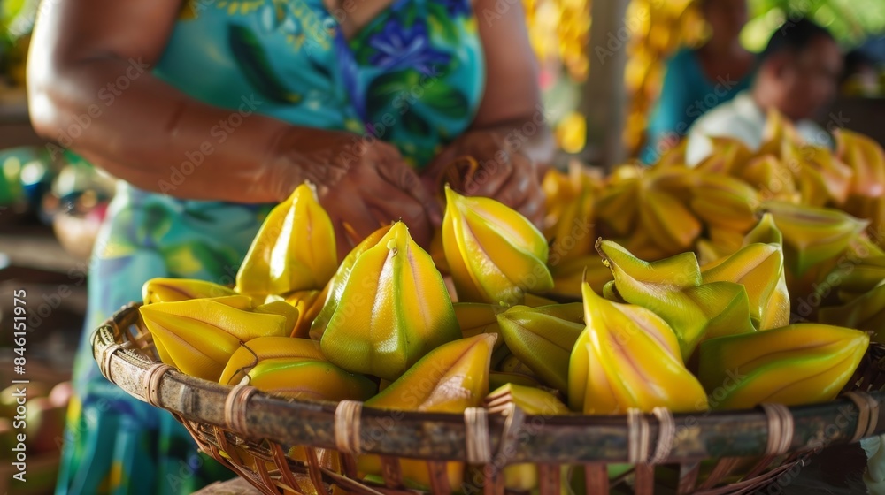 Fototapeta premium A friendly vendor offering samples of succulent starfruit to curious customers at a lively coastal market.