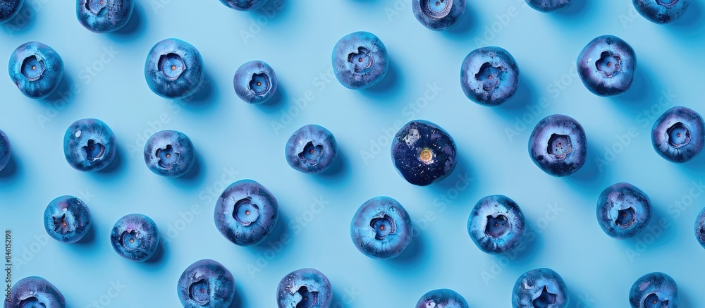 Blueberry pattern on blue backdrop seen from above. Blueberry pattern on blue backdrop seen from above.