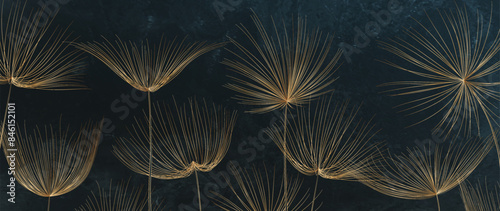 Luxury art background with dandelion flowers in golden line art style hand drawn. Botanical banner with floral pattern for decor, print, wallpaper, textile, poster, interior design.