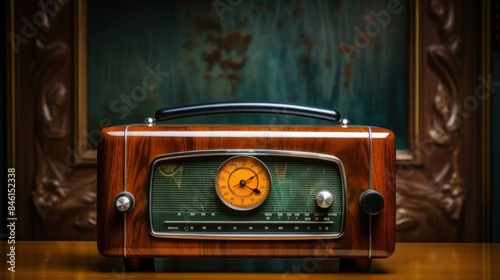 A vintage radio with a clock on it sits on a wooden table photo