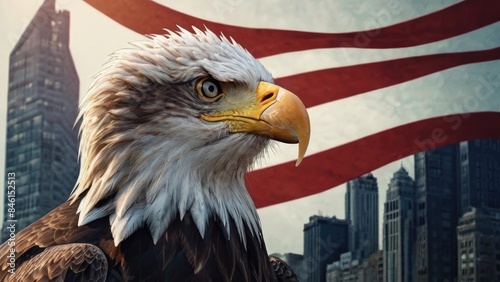 American Independence Day flag patriotic background with bald eagle in city