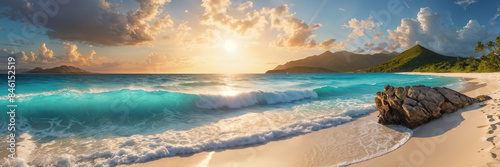 A serene beach scene at sunset, with the warm glow of the setting sun casting long shadows and highlighting the blue water and white sand.