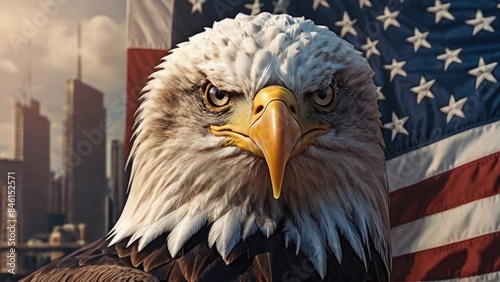 American Independence Day flag patriotic background with bald eagle in city