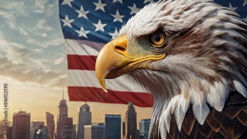 American Independence Day flag patriotic background with bald eagle in city