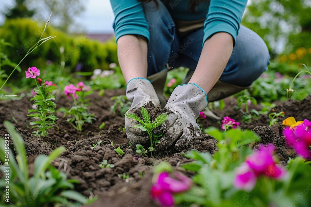 Fototapeta premium A gardener planting flowers. gardener planting flowers garden nature soil tools outdoors green horticulture.