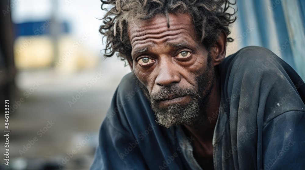 Close-Up of Homeless Man with Expressive Eyes and Long Beard, Capturing Poverty Close-Up of Homeless Man with Expressive Eyes and Long Beard, Capturing Poverty