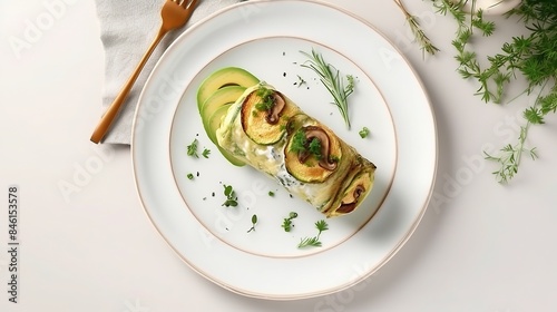 French rolled omelette stuffed with cream cheese with avocado, aragula and mushrooms for breakfast on white plate printed tile background, top view. photo
