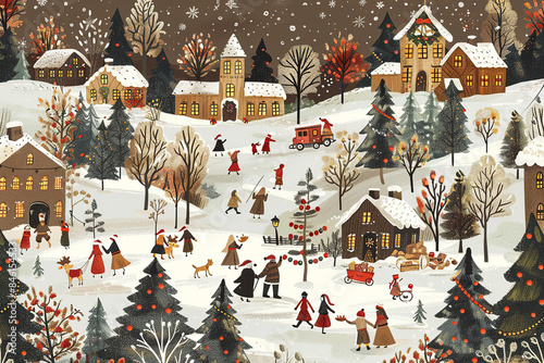 Festive Winter Village with Snow-Covered Houses - Charming Holiday Scene with Warm Light and Nostalgic Feel