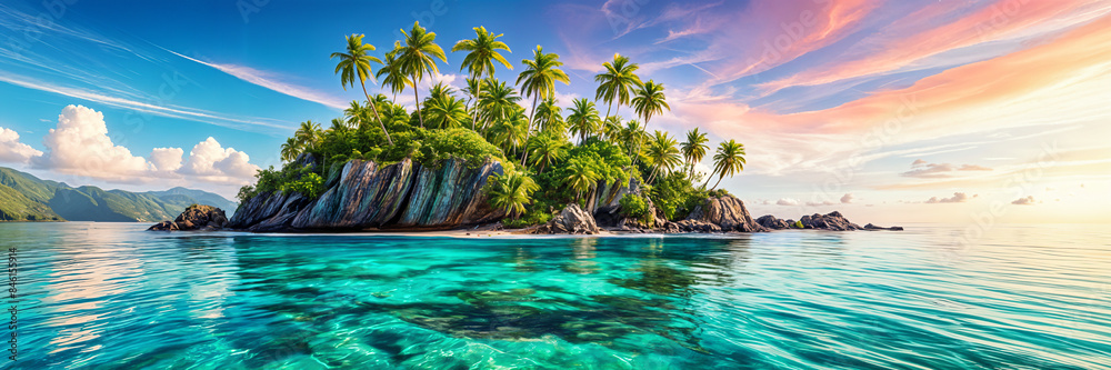 A vibrant and colorful digital illustration of a tropical island surrounded by clear blue water, with palm trees on the island and a beautiful sunset or sunrise in the background. A vibrant and colorful digital illustration of a tropical island surrounded by clear blue water, with palm trees on the island and a beautiful sunset or sunrise in the background.