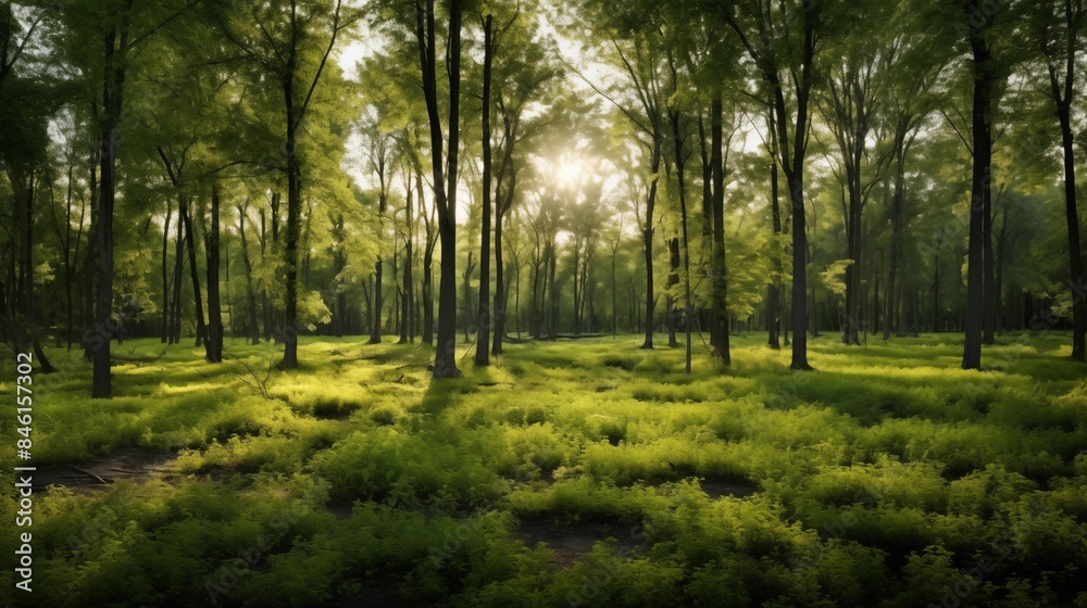 Serene view of a lush green forest with sunlight filtering through trees Serene view of a lush green forest with sunlight filtering through trees