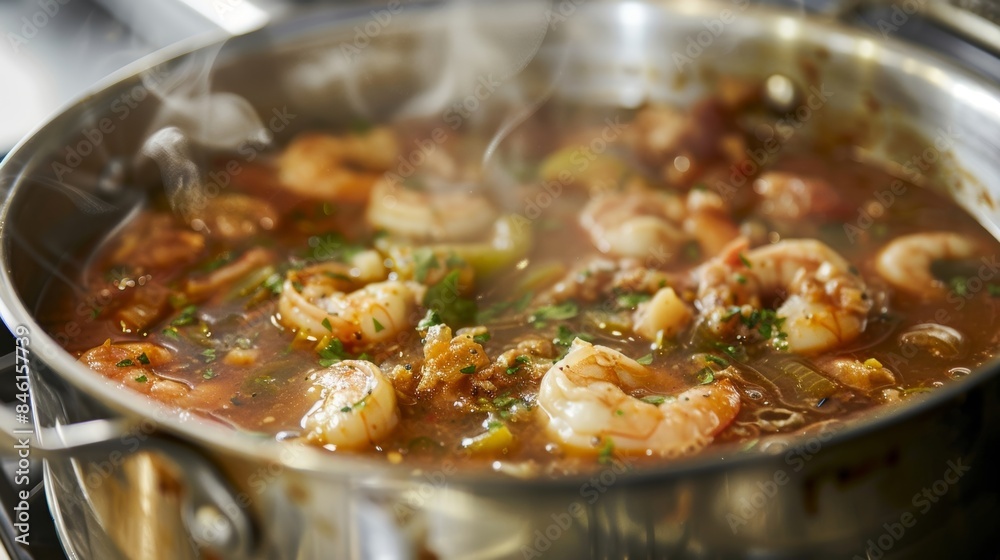 A pot of steaming seafood gumbo simmers on the side adding a touch of Southern comfort to the tropical atmosphere. A pot of steaming seafood gumbo simmers on the side adding a touch of Southern comfort to the tropical atmosphere.